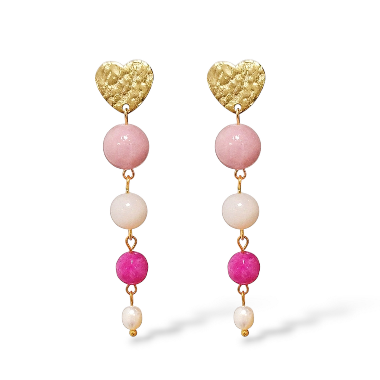 Bobbel øreringe Heart. 304 stål forgyldt med 18k guld. Jade, Rosa Quartz og ferskvandsperler.
