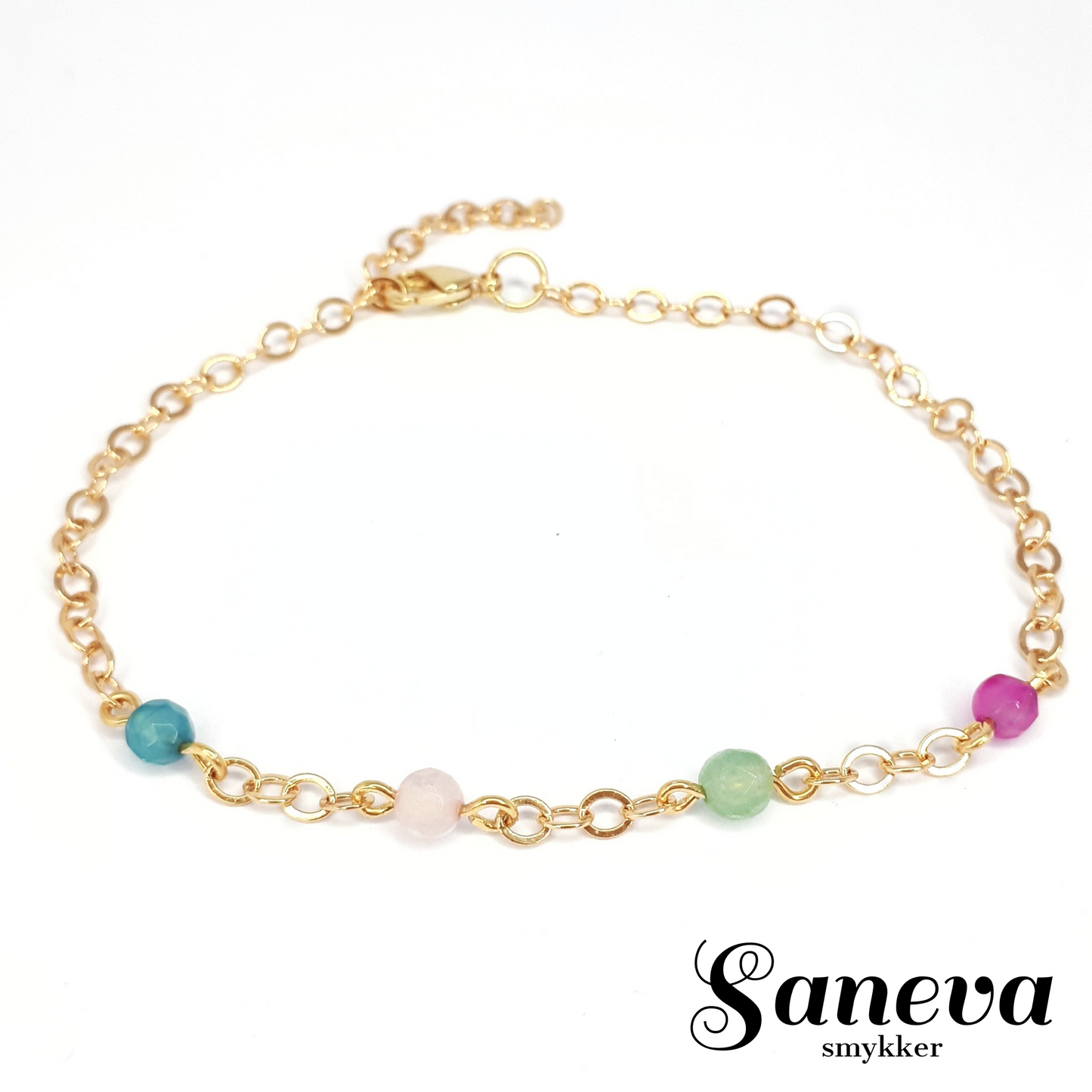 Armbånd 18k guldbelagt stål med agat, rose quartz og aventurine. One-of-a-kind.