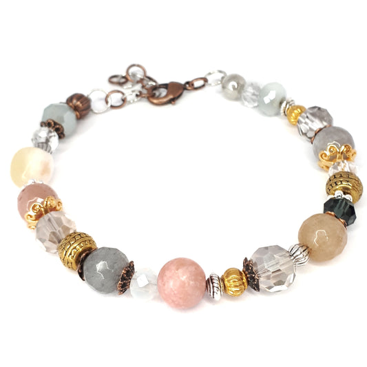 Ingrid unika armbånd. 18-21 cm. Agat, jade og rhodonite.
